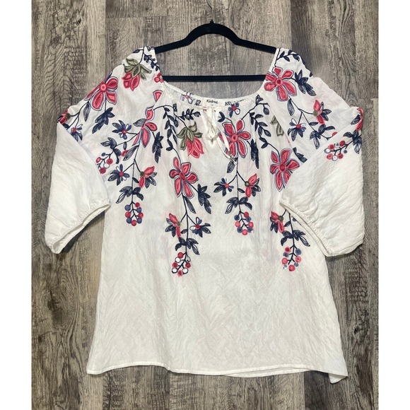 NWT Kindred 2X White Mauve Blue embroidered Floral Blouse Peasant Boho Top Tunic - Picture 11 of 11